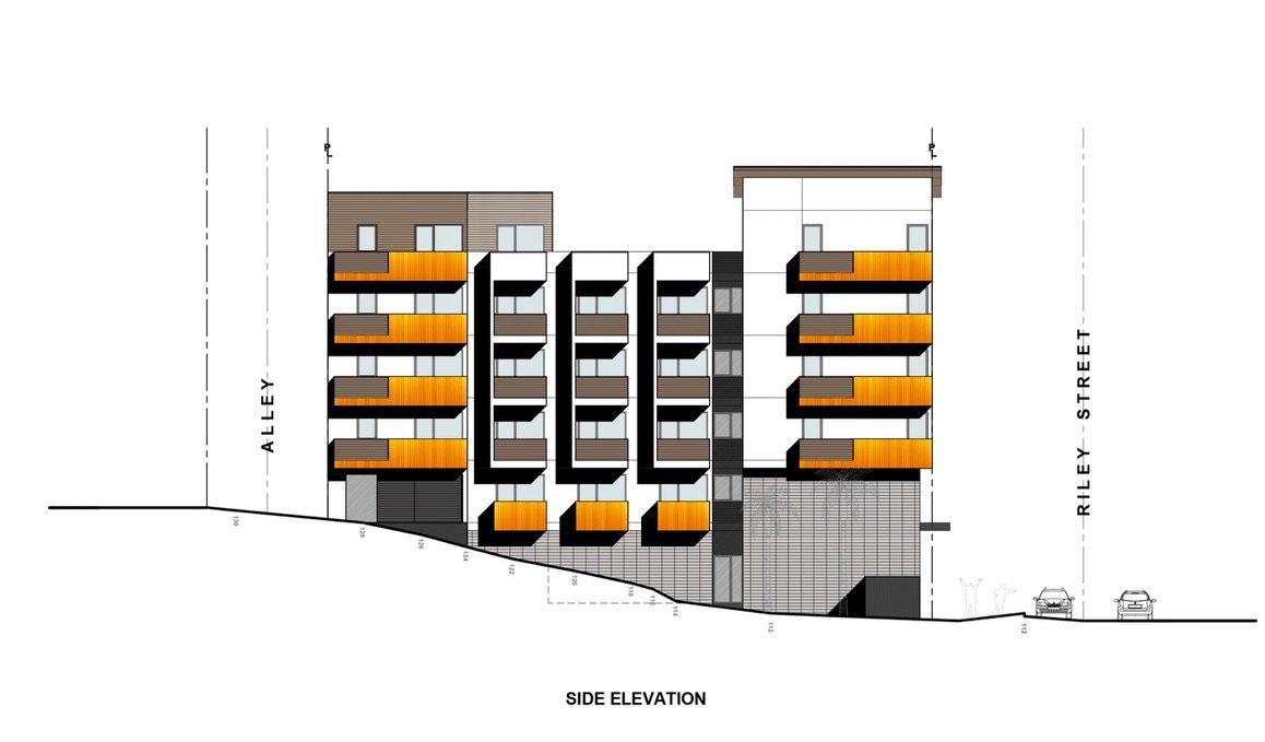 Side elevation &mdash; stepping with the hillside