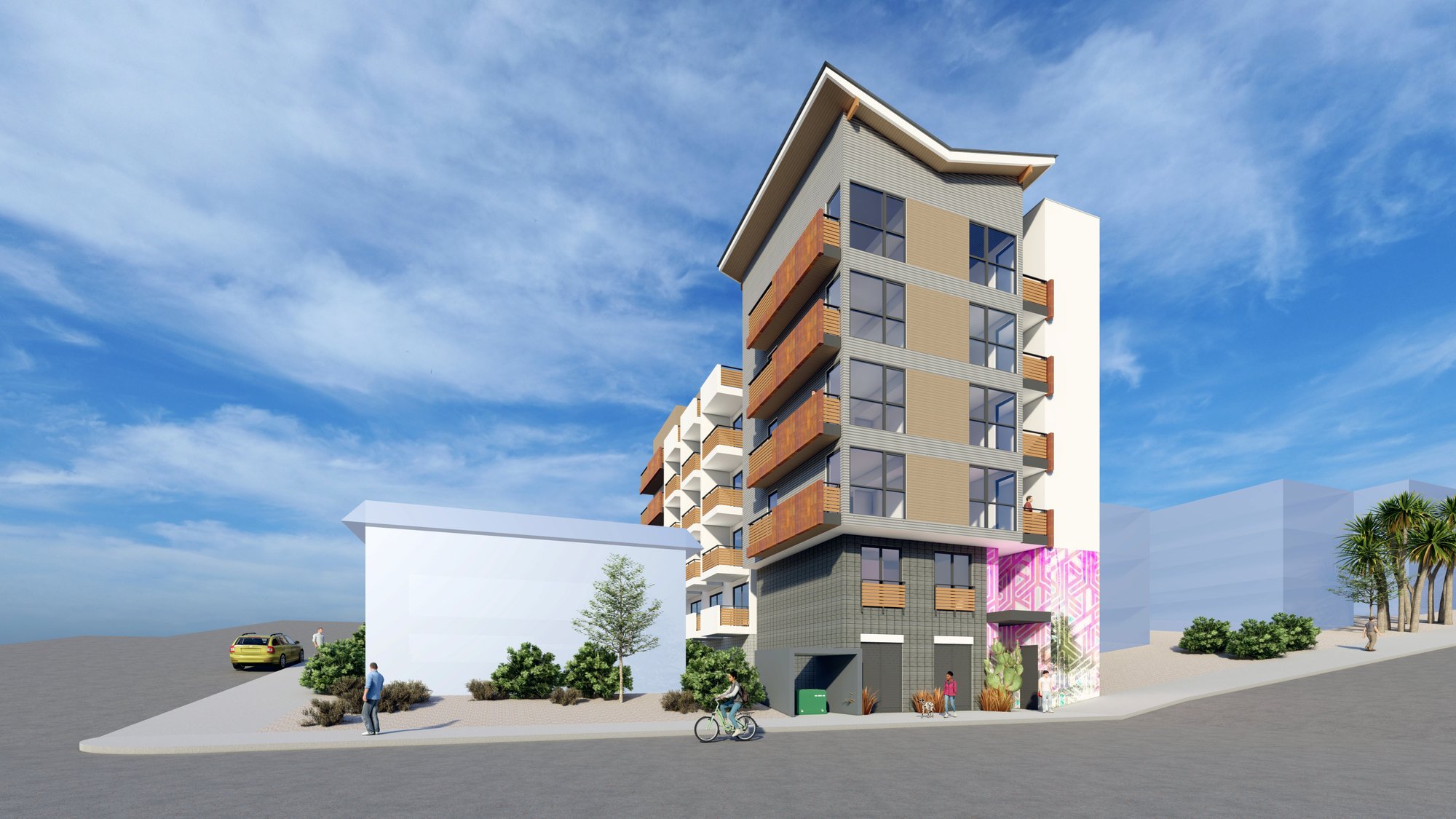26 on Riley — street-level rendering of the planned apartment building