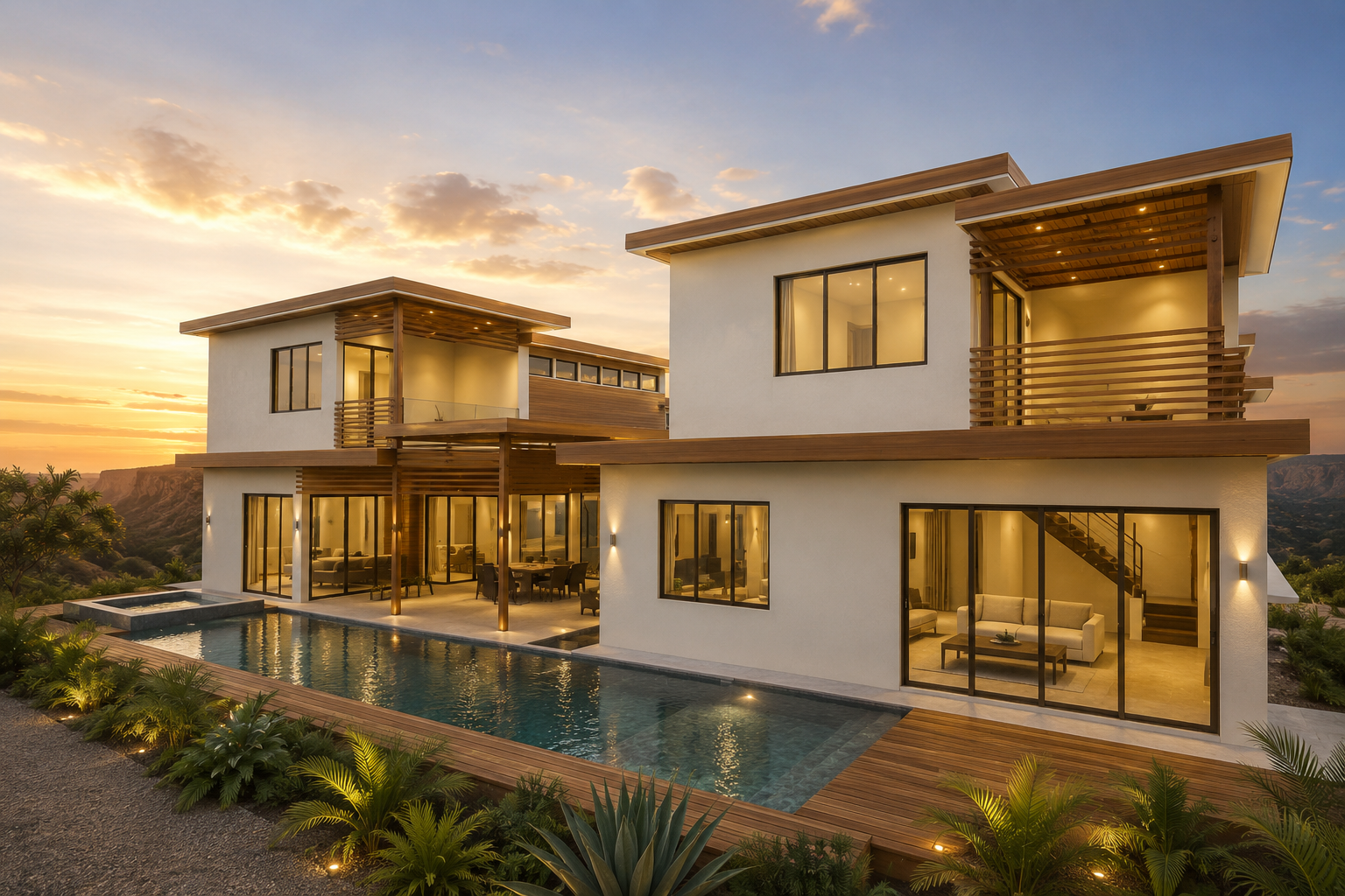 1302-1304 33rd St. — twilight view of the 60-foot pool and main residence