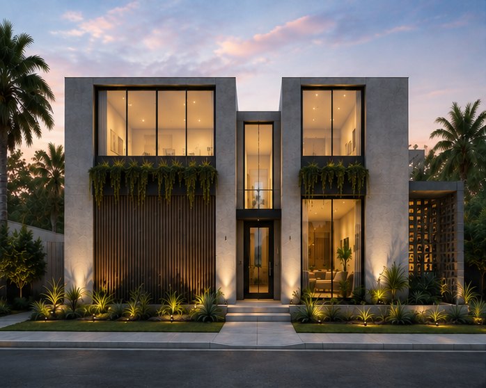 Front elevation at dusk