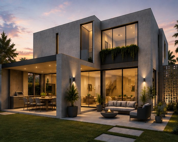 Patio glowing at dusk