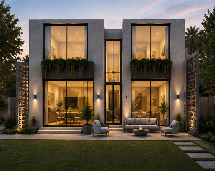 Rear elevation at dusk
