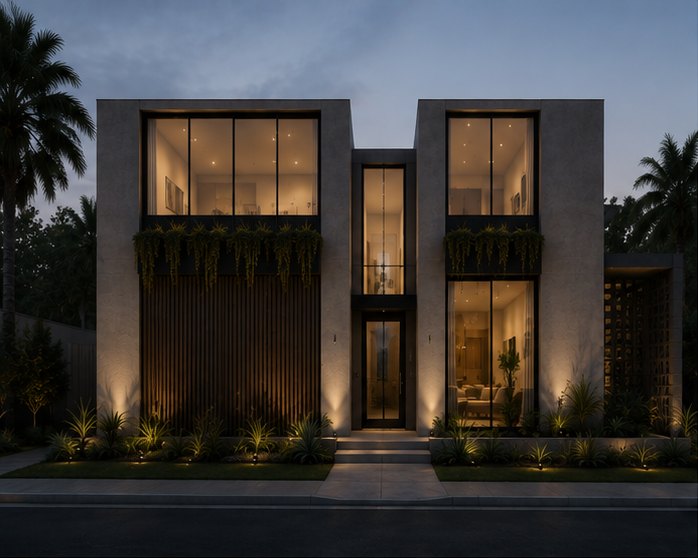 Front elevation &mdash; wood-slat and perforated-block fa&ccedil;ade