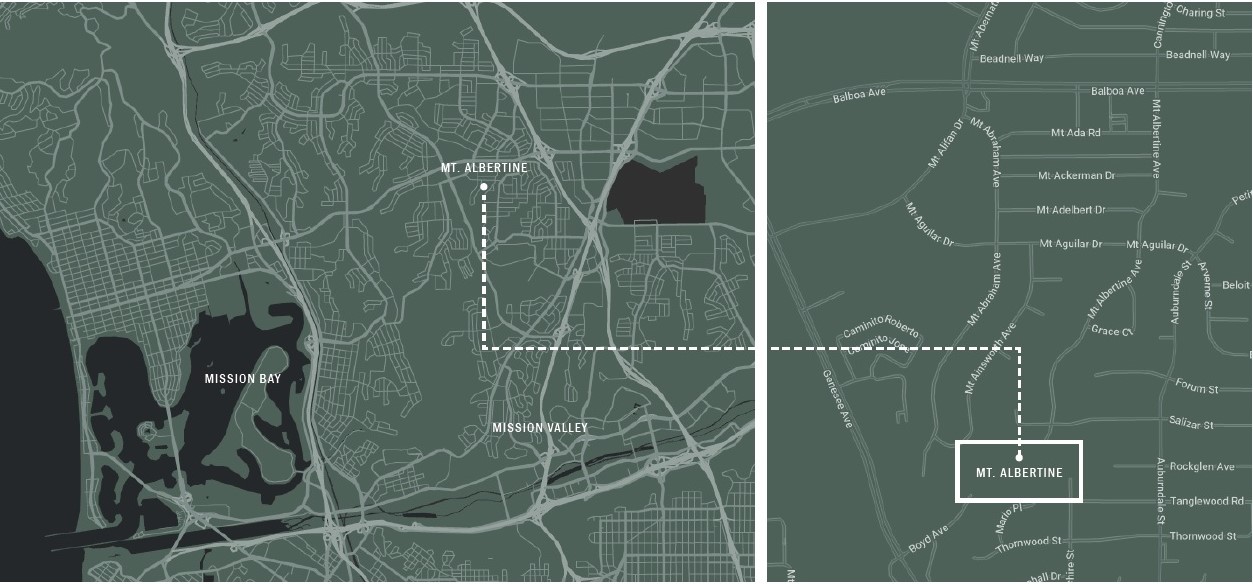 Map showing Mount Albertine in Clairemont Mesa relative to Mission Bay and Mission Valley
