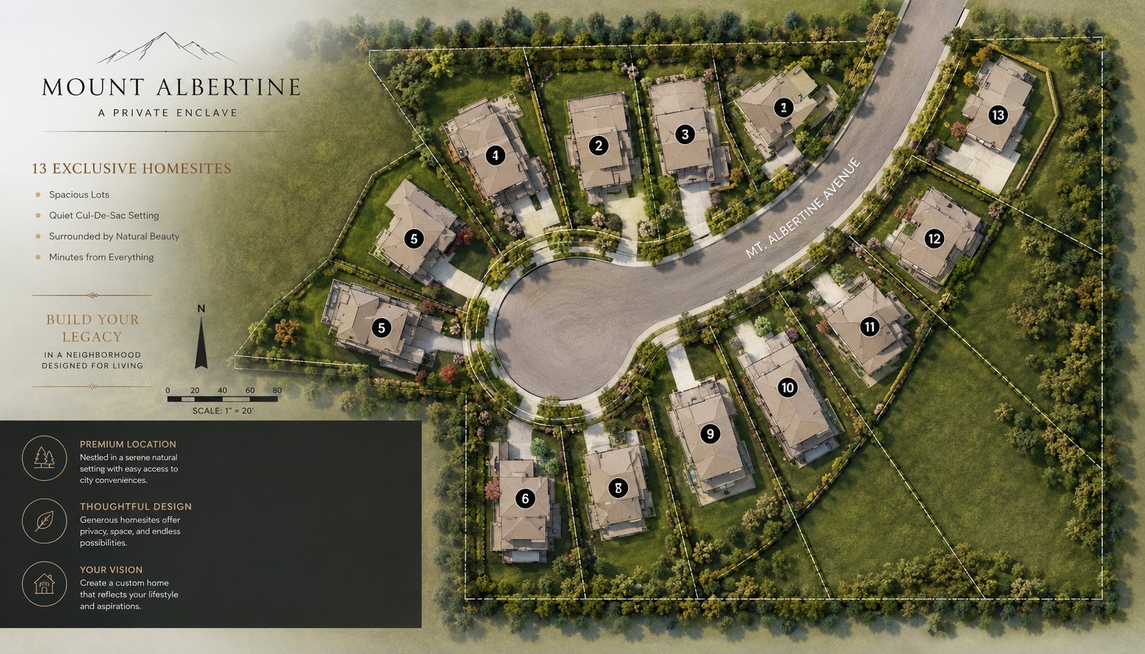 Mount Albertine site plan: thirteen homesites around a cul-de-sac