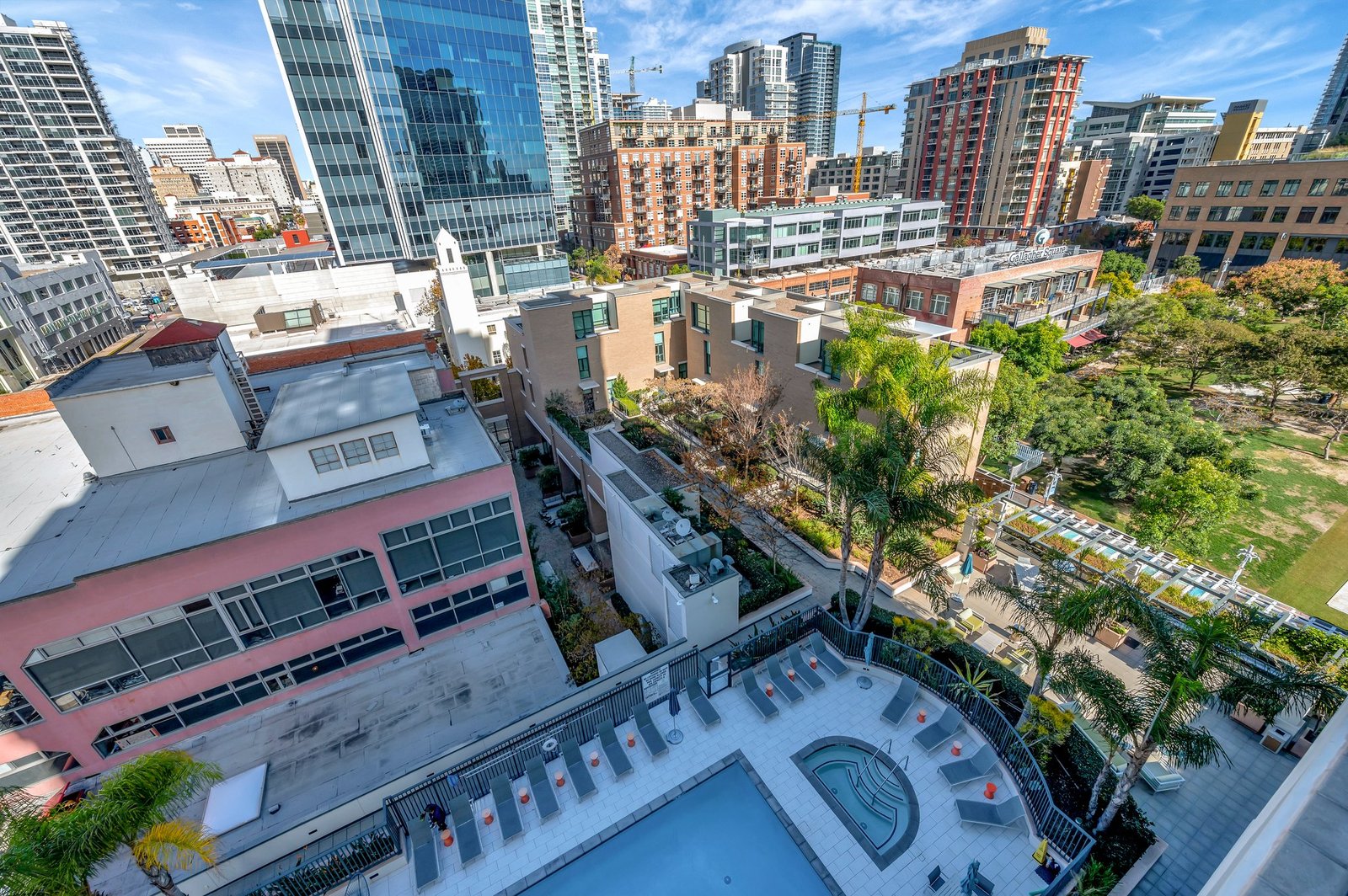 aerial view of rooftop deck and pool