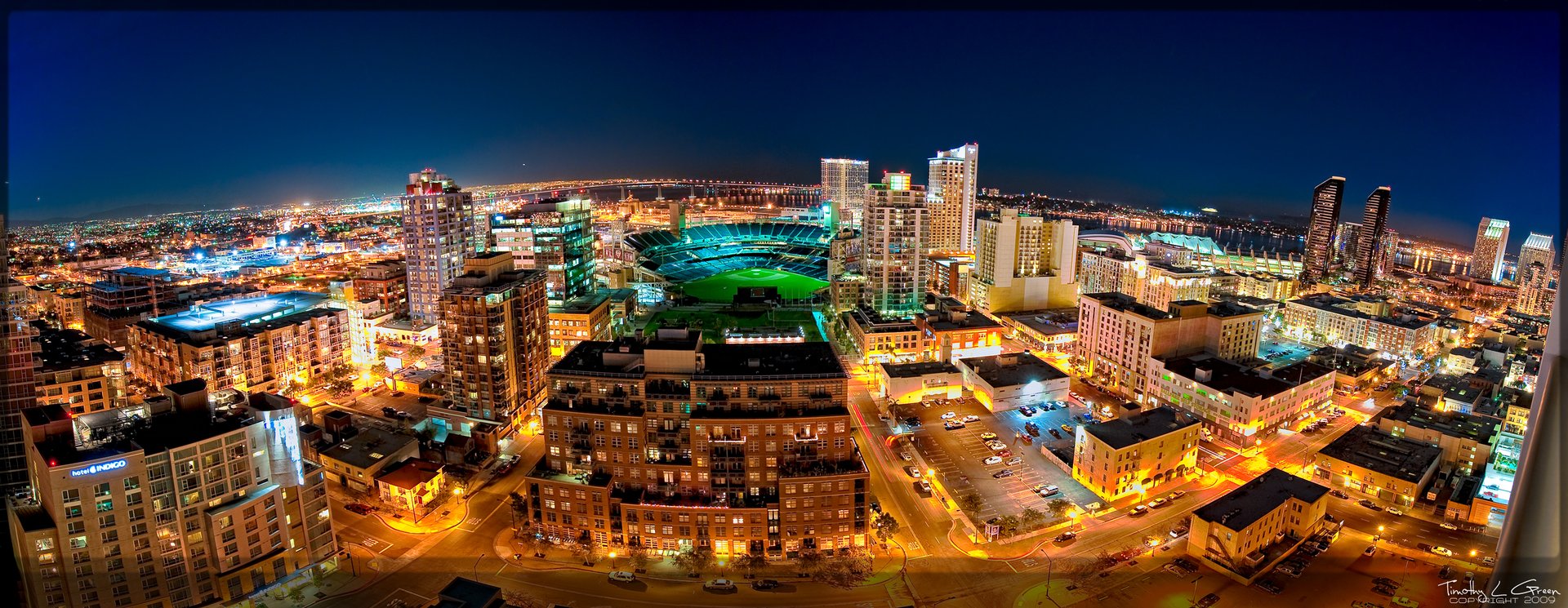 Downtown San Diego skyline at night with Petco Park