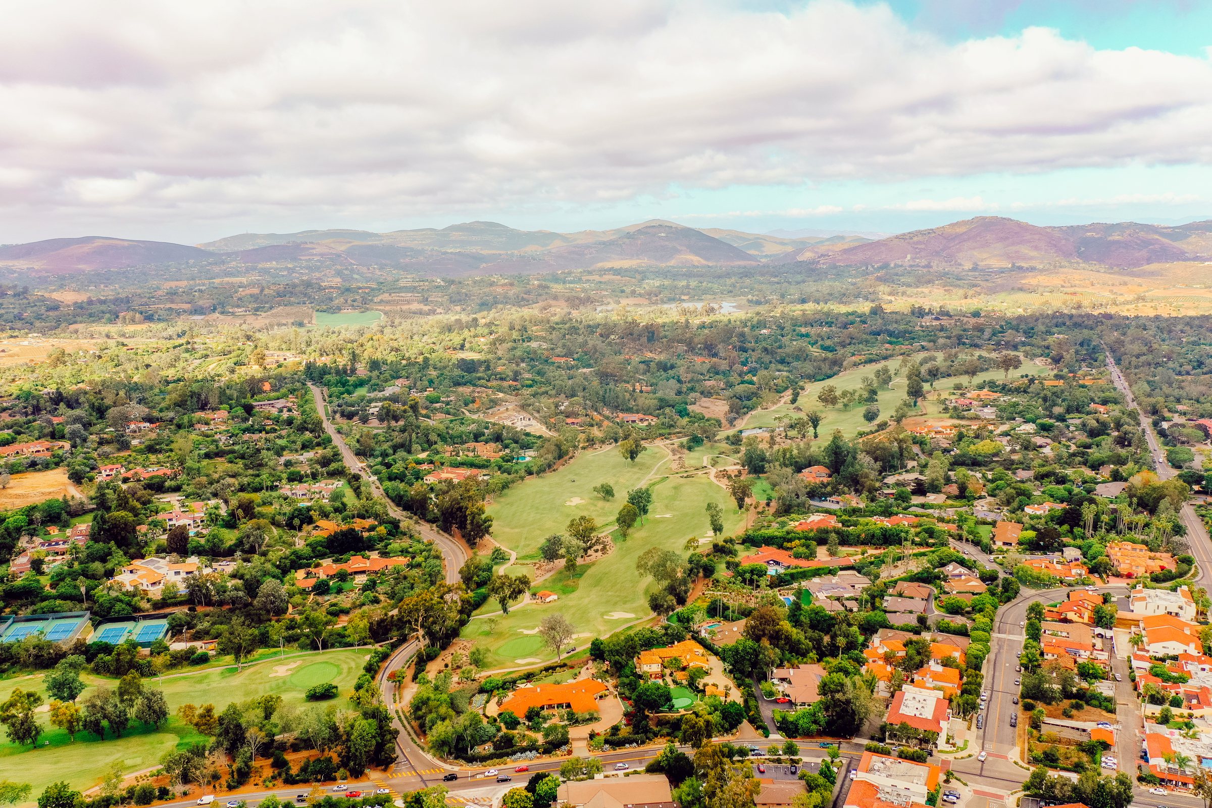Rancho Santa Fe from above — golf course, estates and the hills to the east
