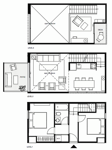 Unit 404 floor plan, three levels