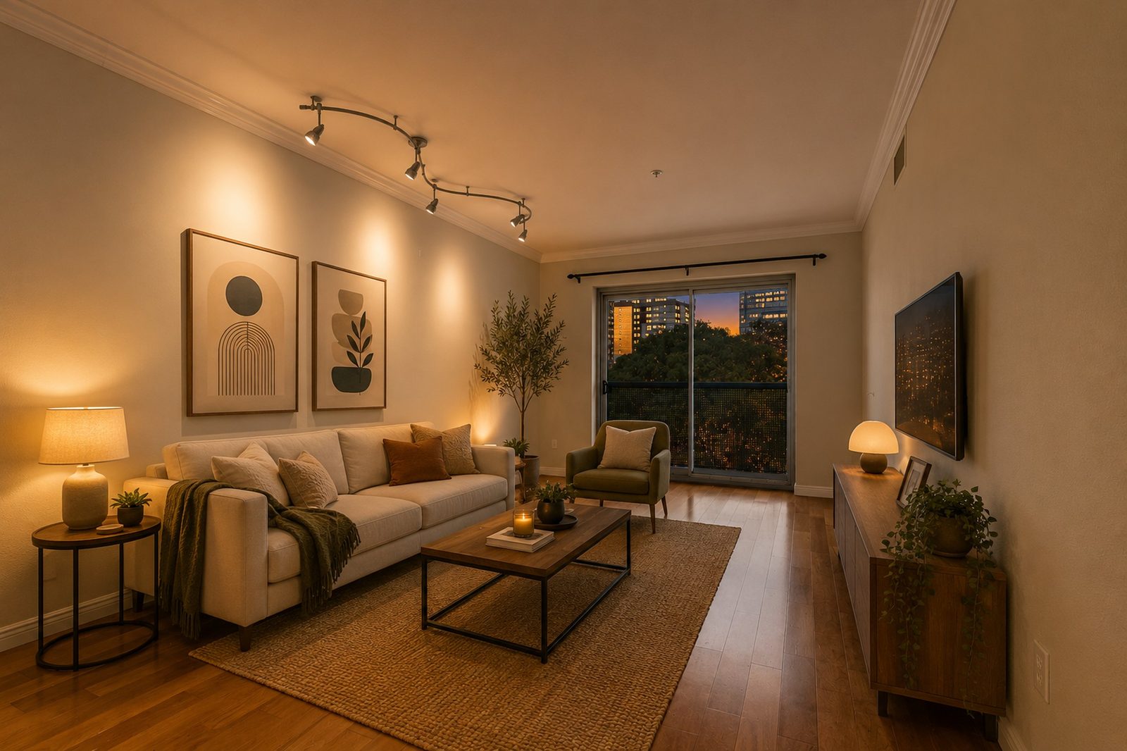 445 Island Ave., #407 — living room with downtown skyline view, virtually staged